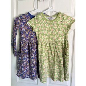 Hanna Andersson Pocket Dress Set 120 US 6-7 Blue Green Unicorn Daisy Floral